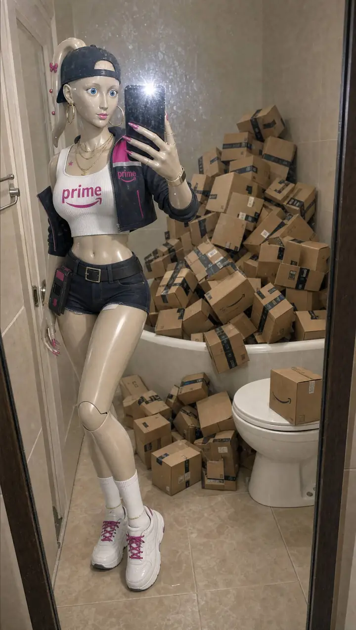 Mirror selfie of Delivery Girl in a bathroom where the bathtub is overflowing with unopened boxes.