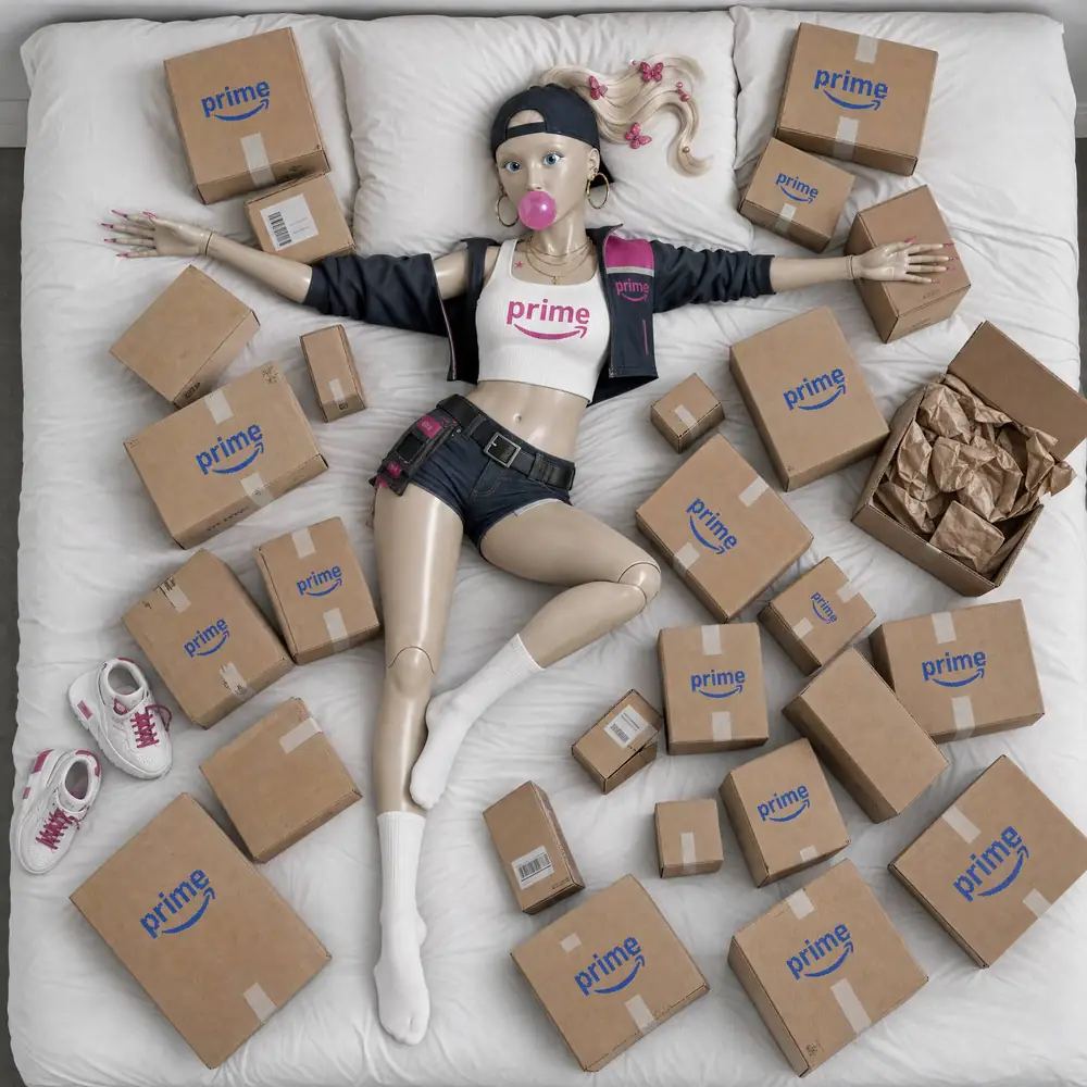 Delivery Girl lying on a bed surrounded by dozens of unopened boxes, blowing a bubble.