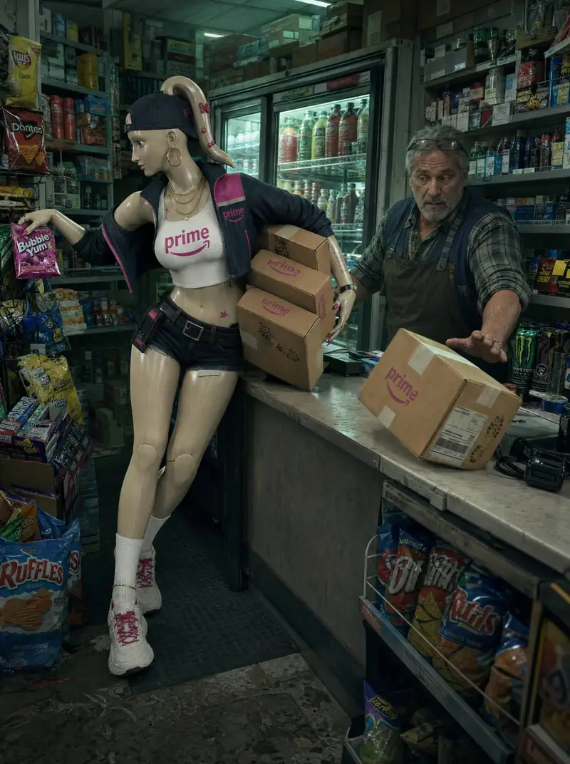 Delivery Girl leaves a corner store with a stack of boxes and a bag of Bubble Yum while the shopkeeper reaches after her.