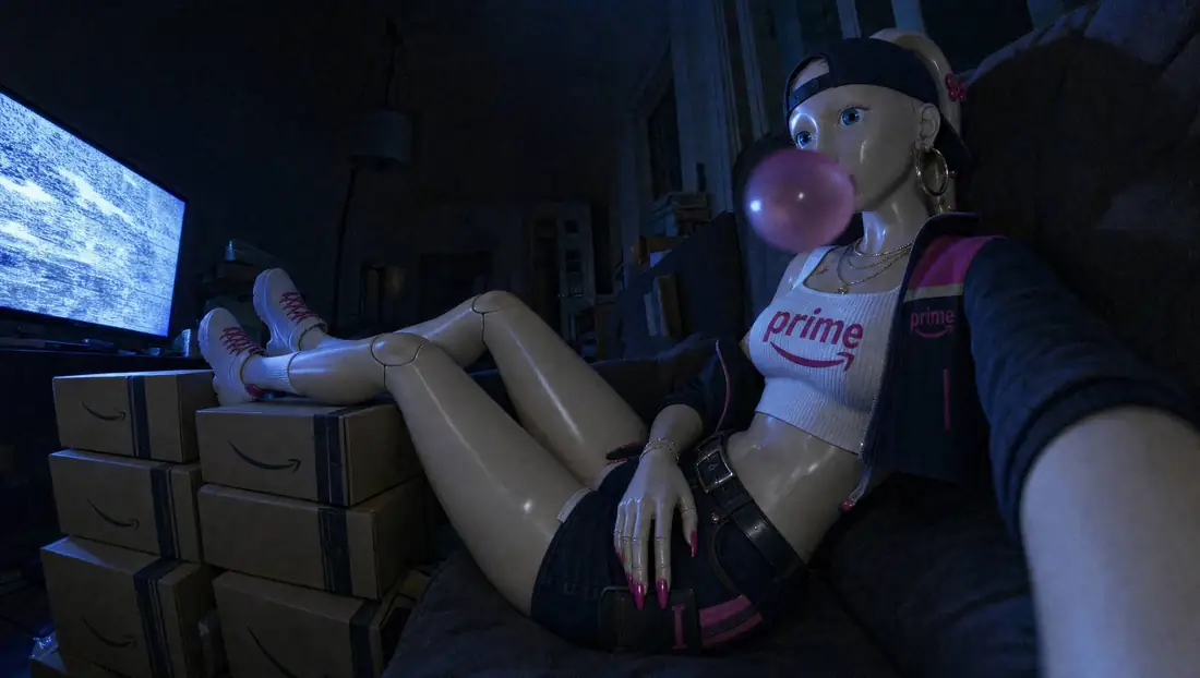 Delivery Girl lounging on a couch at night, feet up on a stack of boxes, blowing a bubble.