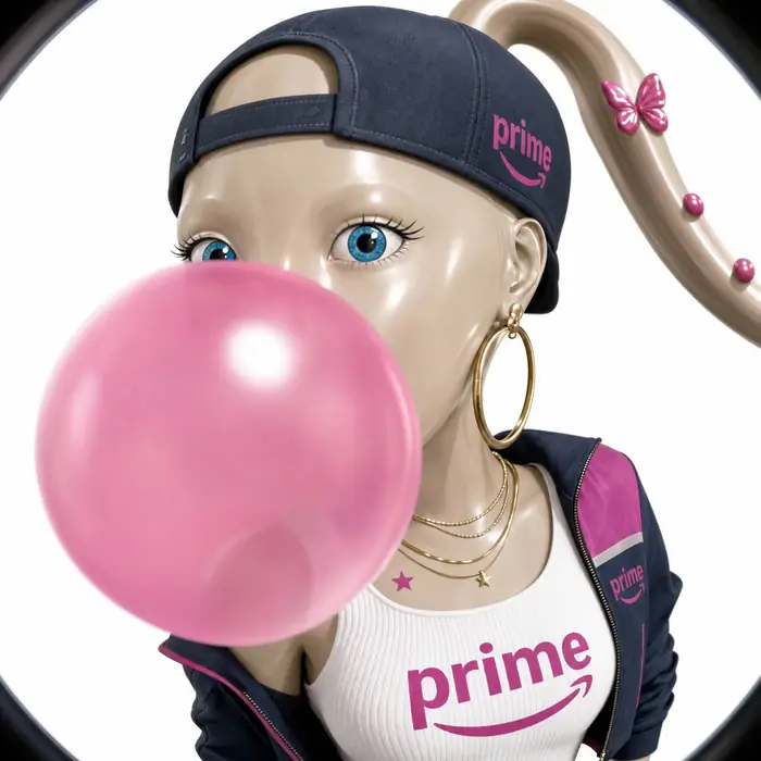 Fisheye close-up of Delivery Girl blowing a big pink bubble.