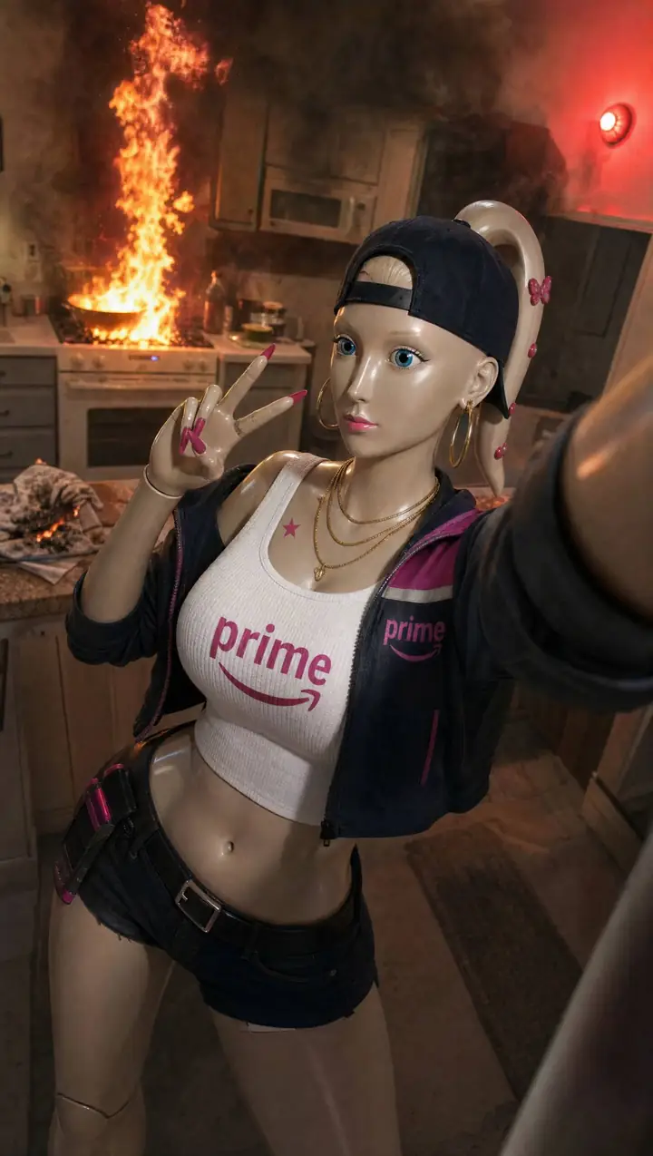 Delivery Girl takes a peace-sign selfie while the stove behind her is on fire.
