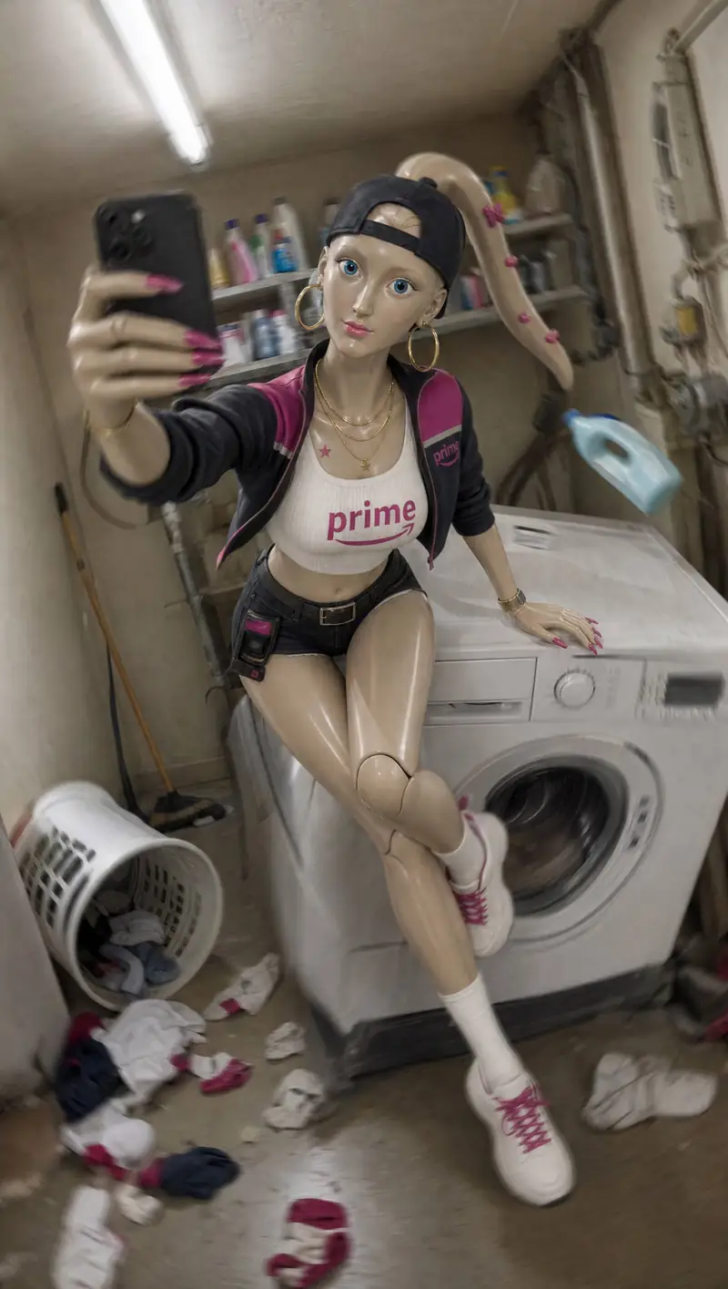 Laundry-room selfie of Delivery Girl sitting on a washing machine, clothes scattered on the floor.