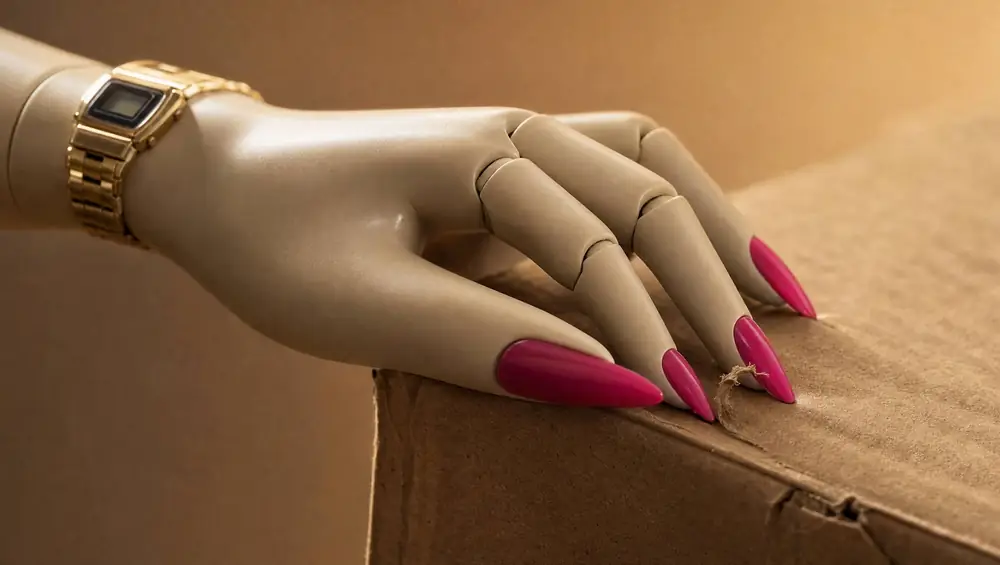 Close-up of her hand with long hot pink stiletto nails resting on a cardboard box.