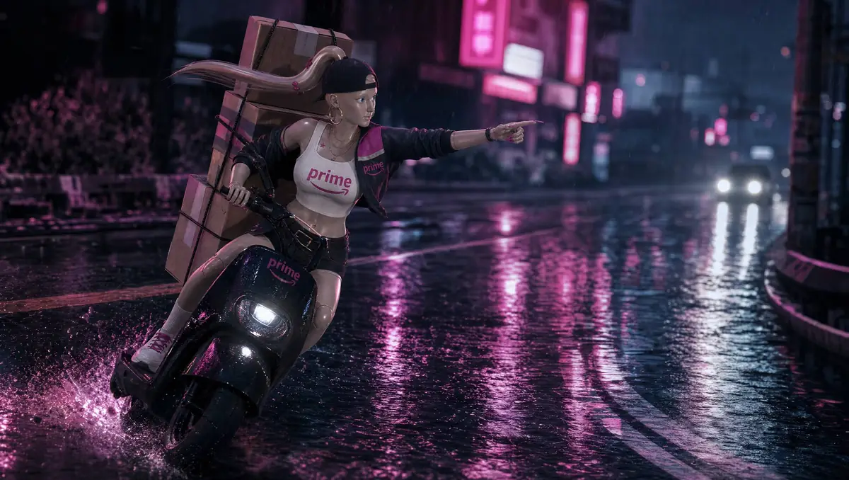 Delivery Girl rides a scooter through a rainy neon street, boxes strapped behind her, pointing ahead.