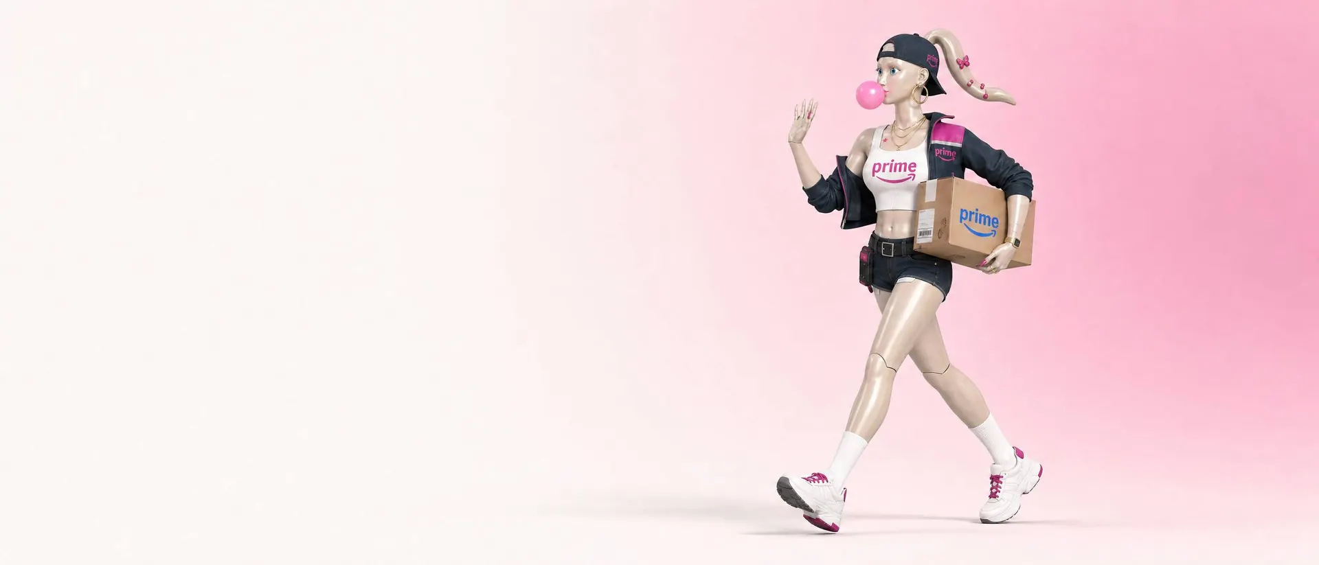 Delivery Girl strolls in pink sneakers, a package under one arm, blowing a bubble and waving.